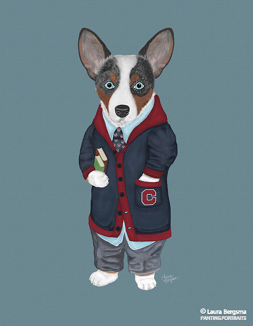 Blue Cardigan Corgi graduates from Corgnell University. Cardigan Corgi Dog Art by Laura Bergsma
