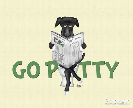 Yellow Black Lab reading the paper. Go Potty Dog Art by Laura Bergsma