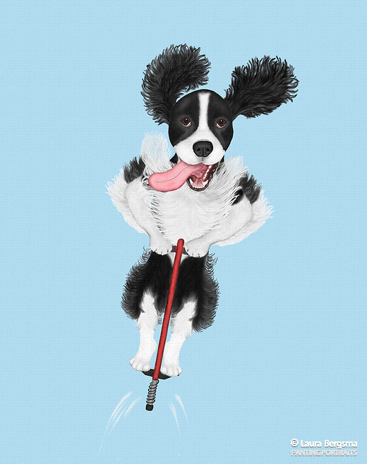 Black Springer Spaniel jumping on a pogo stick Springer Spaniel Dog Art by Laura Bergsma