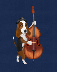 Basset Hound playing the blues with an upright bass.