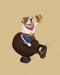 Brown Bulldog riding a mechanical bull - Brown Bulldog Art
