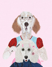 English Setter giving a poodle a perm