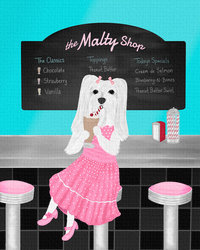 Maltese girl dog painting - sitting at the malt shop drinking a chocolate shake