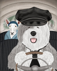 Old English sheepdog driving a sheep to the market.