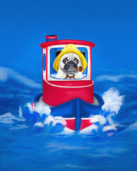 Pug Boat Captain. Small Pug driving a little Tug.
