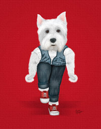Red "Westie Side Story" - Westie on stage caught in a rumble. Doing a snap dance