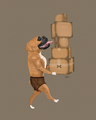 Brown Boxer delivering some packages for the Dog Parcel Service