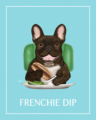 Painting of a Frenchie Bulldog eating some french dip