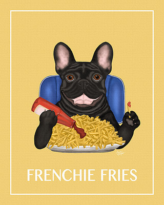 Painting of a Frenchie eating some fries