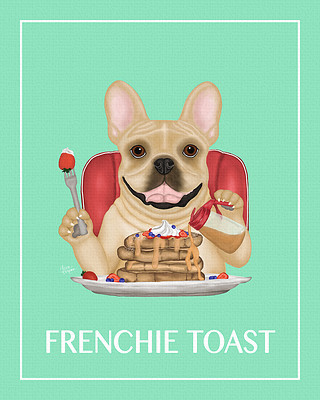 Painting of a Frenchie Bull eating some french toast