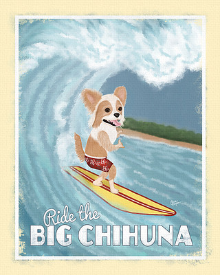 Long haired Chihuahua surfing the big wave in hawaii