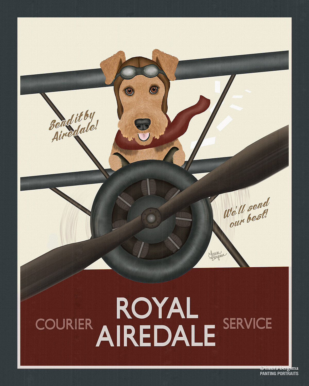 Red and Blue Airedale Terrier Biplane Poster Print