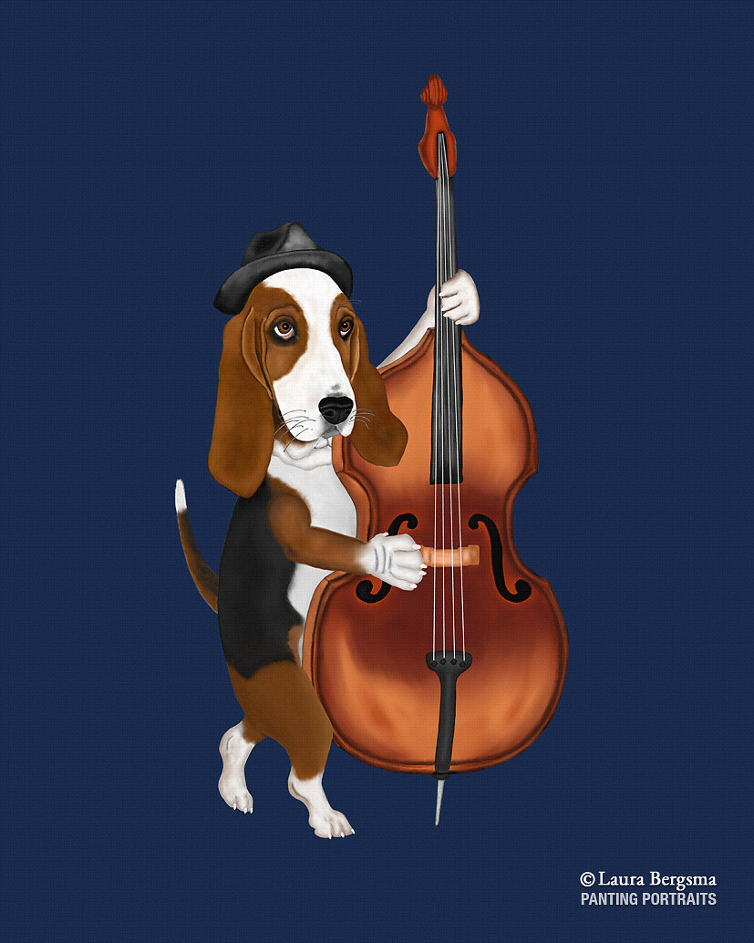 Basset Hound playing the blues with an upright bass.