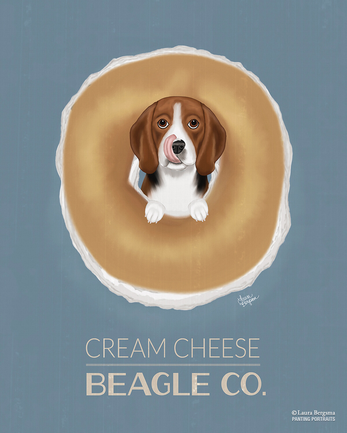 Poster of a Beagle in a cream cheese bagel.