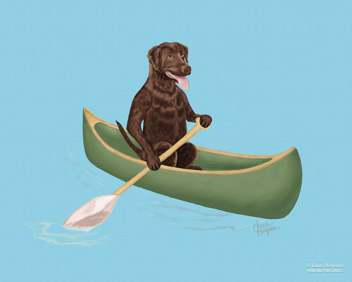 Chocolate Lab paddling in a canoe.