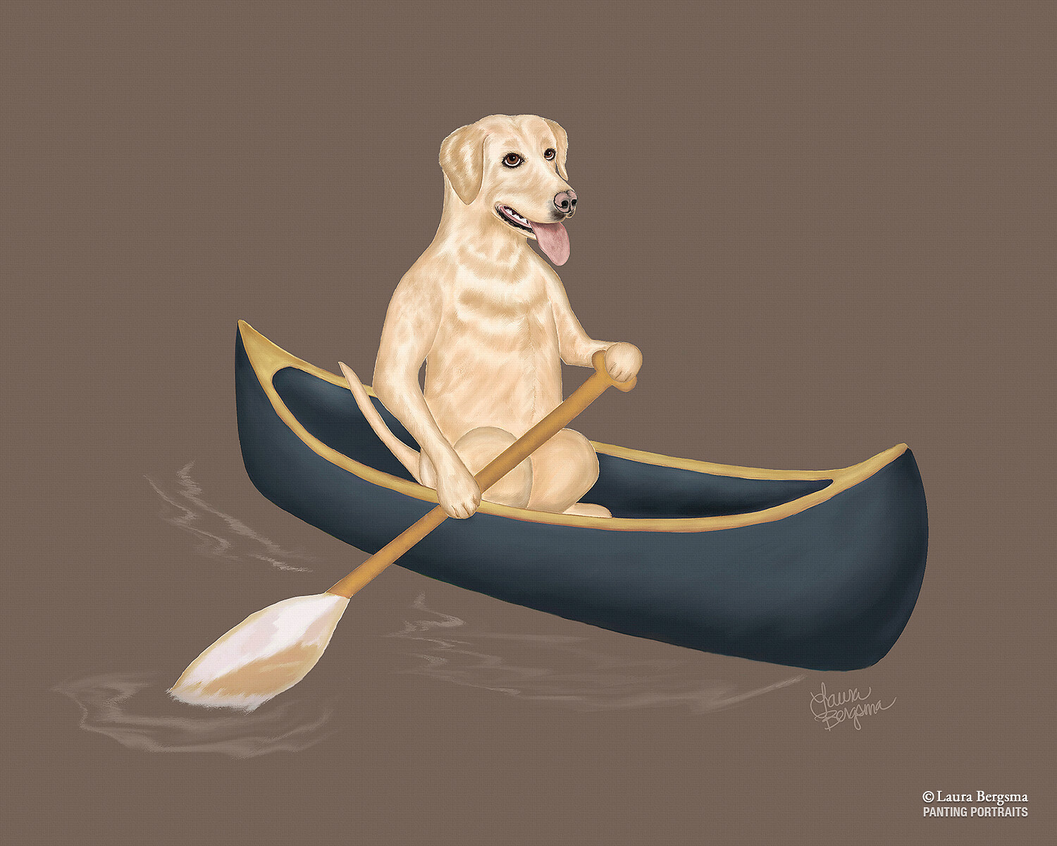 Brown option - Yellow Lab paddling in a blue canoe.
