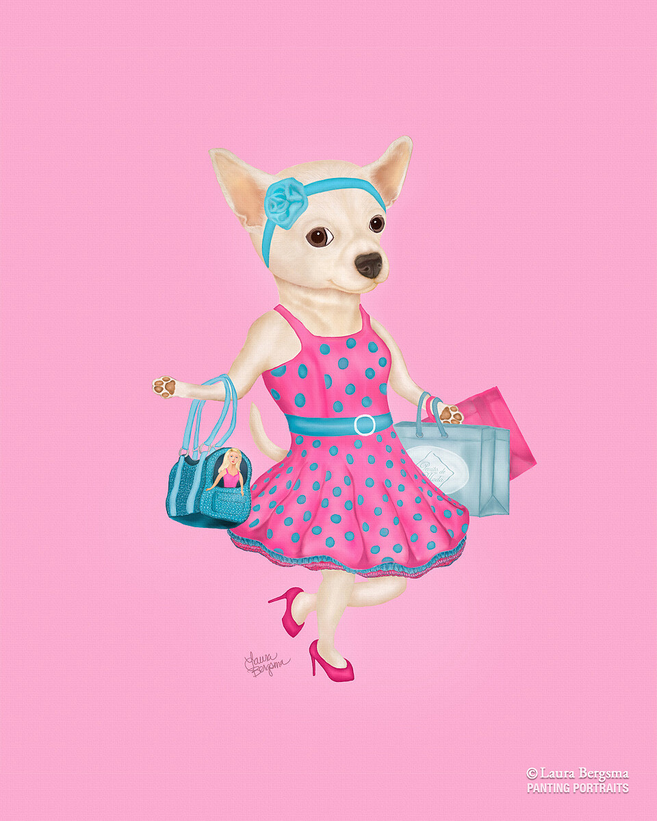 Pink "Perrito de Moda" - Chihuahua shopping in style on Rodeo Drive.