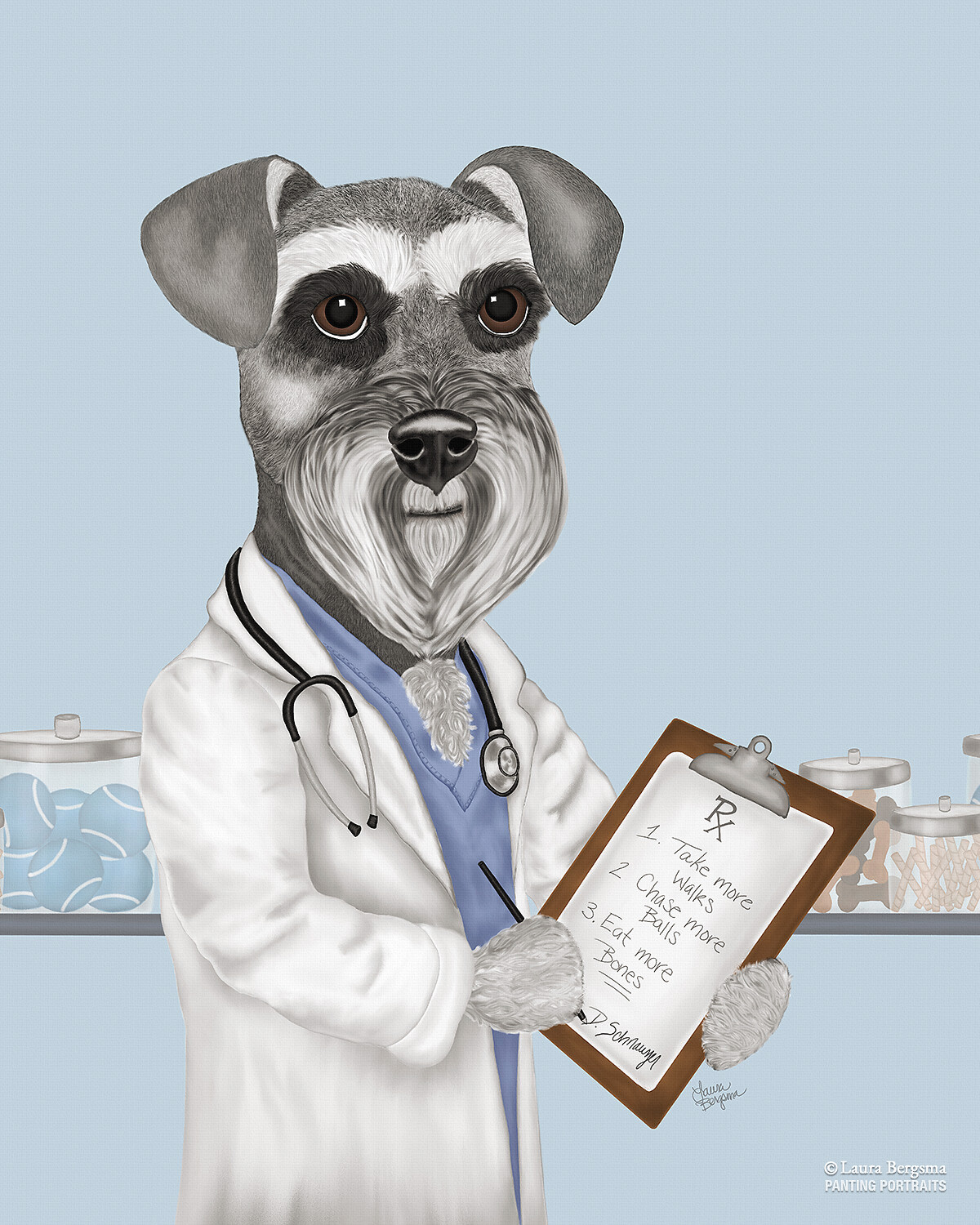 Schnauzer art print of dog writing a perfect prescription.