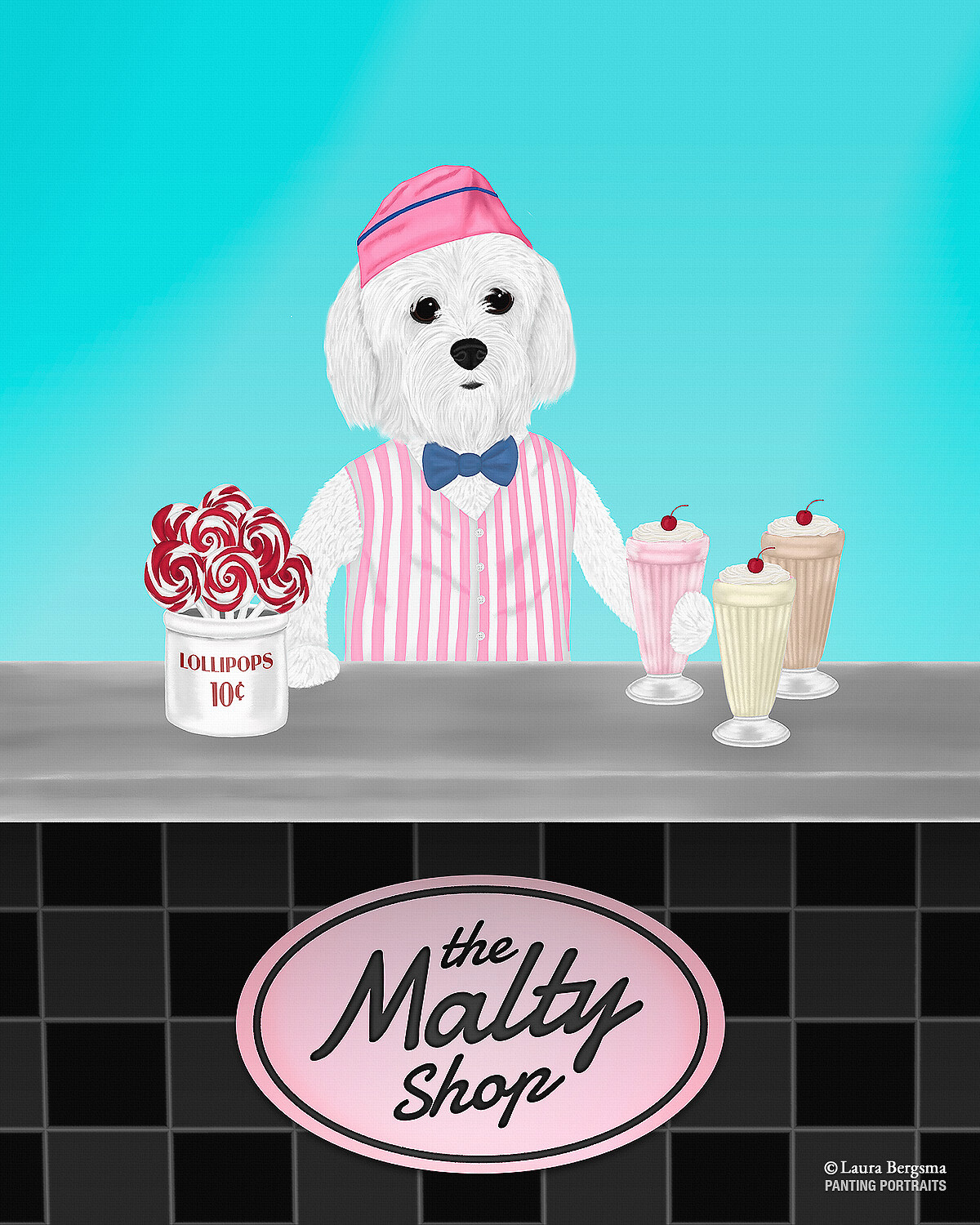 Boy Maltese painting, working at the malt shop counter