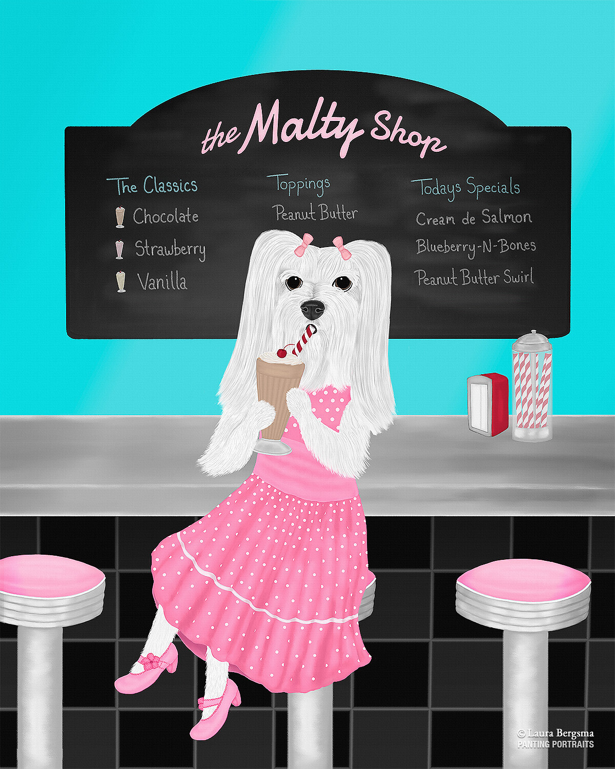 Maltese girl dog painting - sitting at the malt shop drinking a chocolate shake