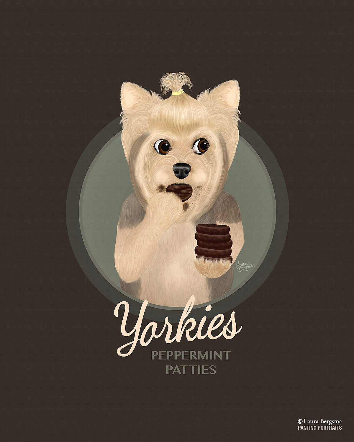 Chocolate Background Yorkie eating Peppermint Patties