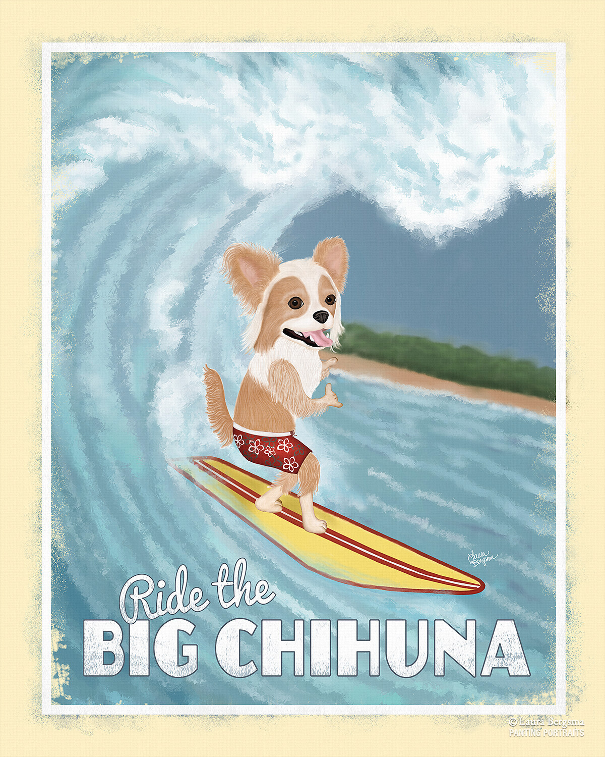 Long haired Chihuahua surfing the big wave in hawaii