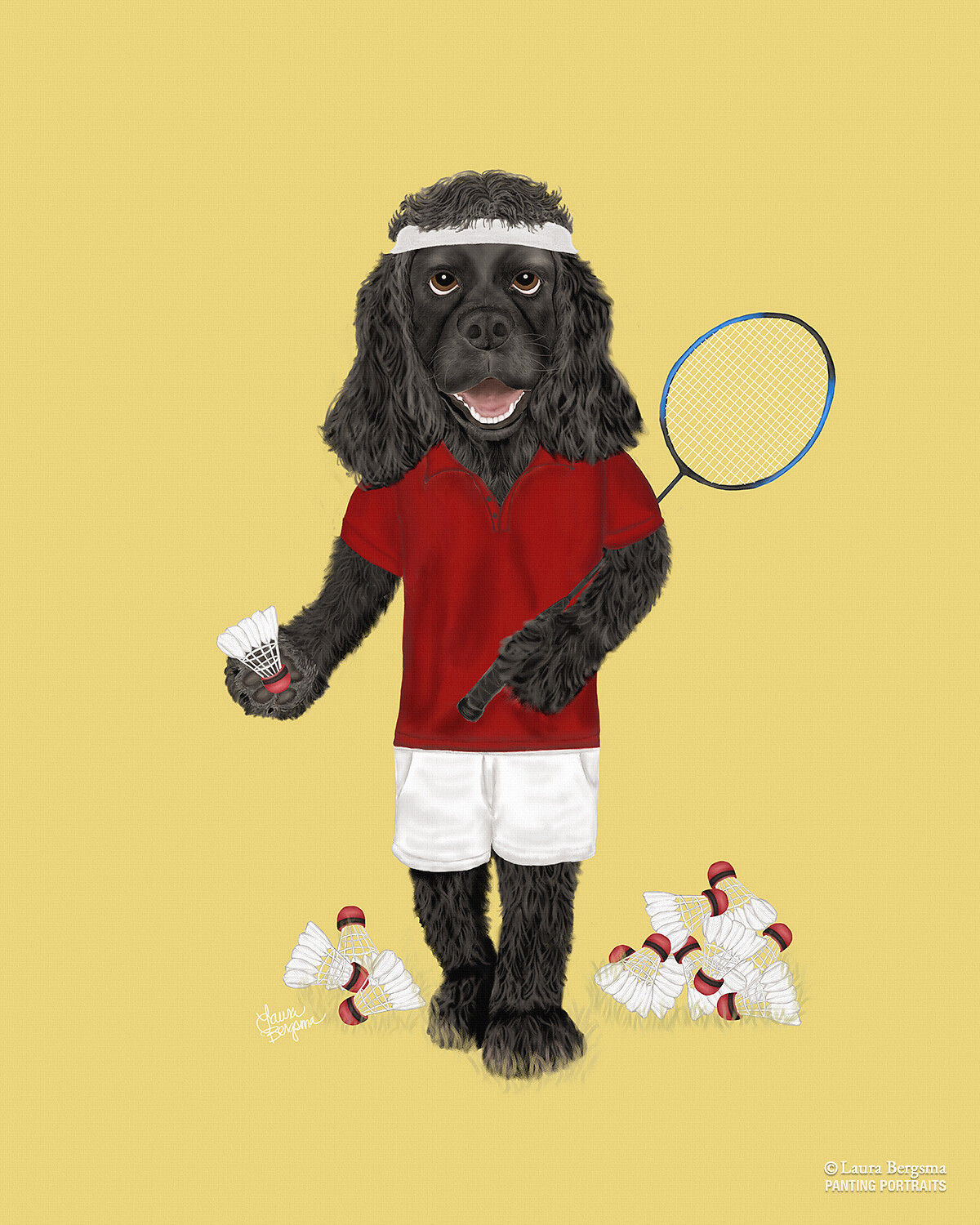 Bentley comes from a distinguished line of birders. Black Cocker Spaniel painting - playing badminton with the birdies